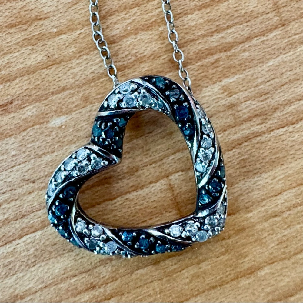 Sterling Silver White & Black Genuine Diamonds Heart Necklace w/ 18” chain